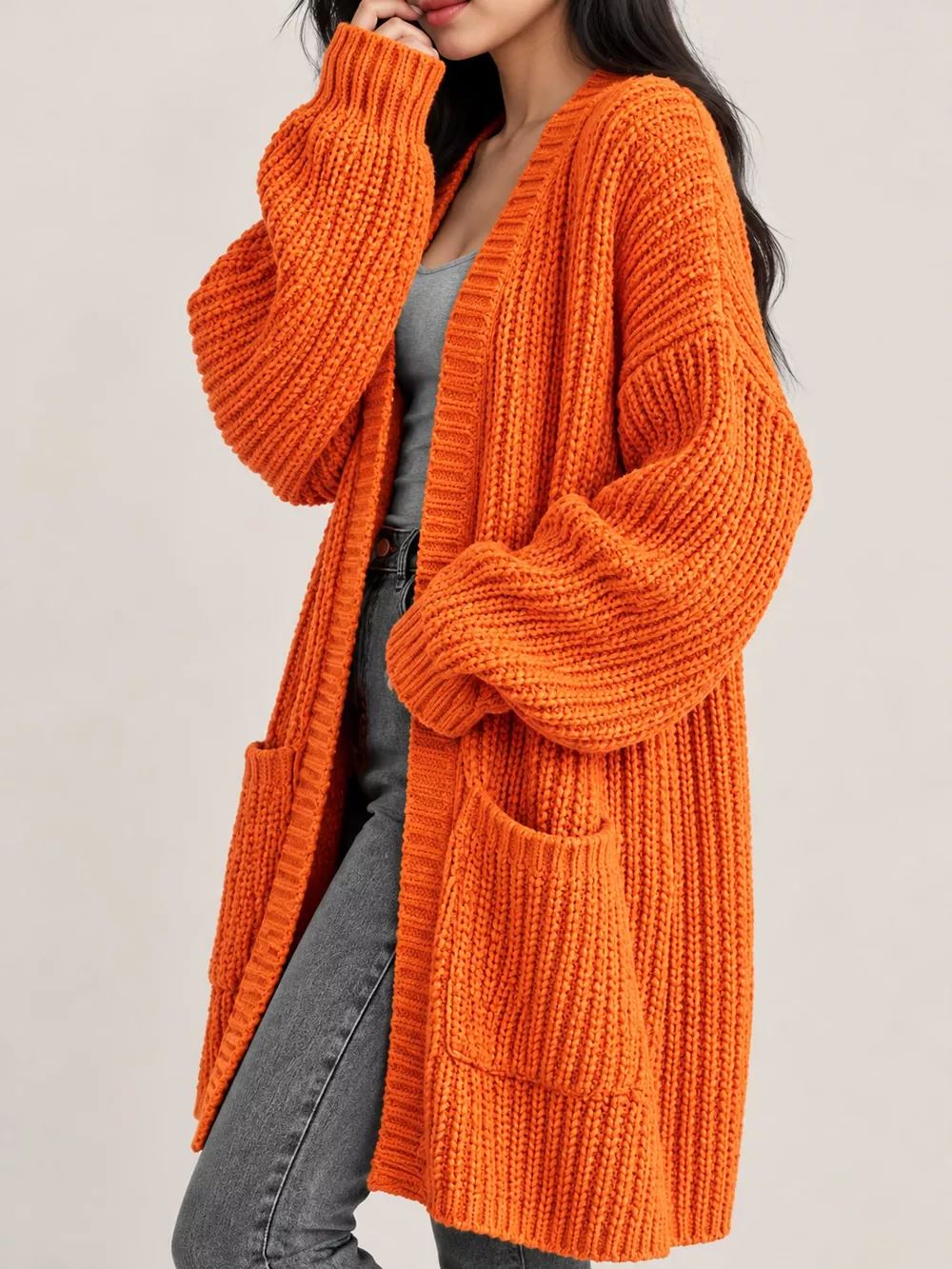 Full Size Chunky Knit Openwork Front Longline Cardigan Plus Size, image 43