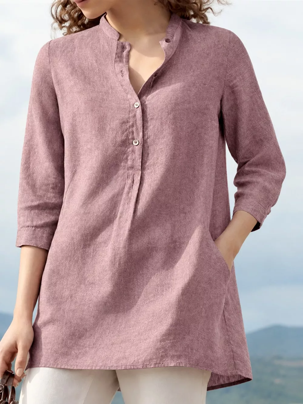 Full Size Button Detail 3/4 Sleeve Blouse Plus Size