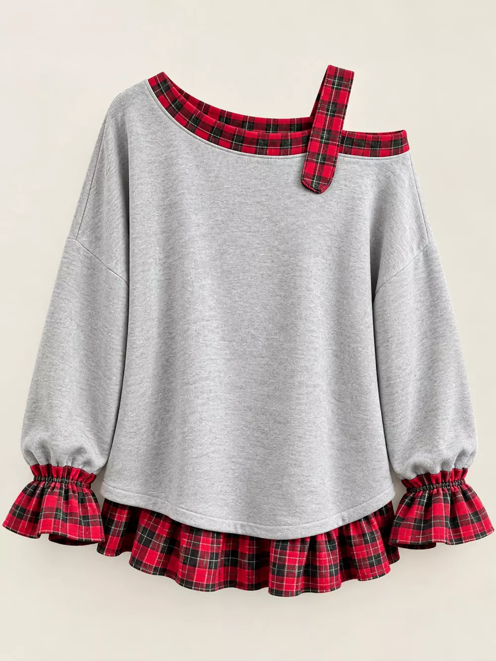 Full Size Plaid Ruffled Hem Asymmetrical Neck Sweatshirt Plus Size, image 8