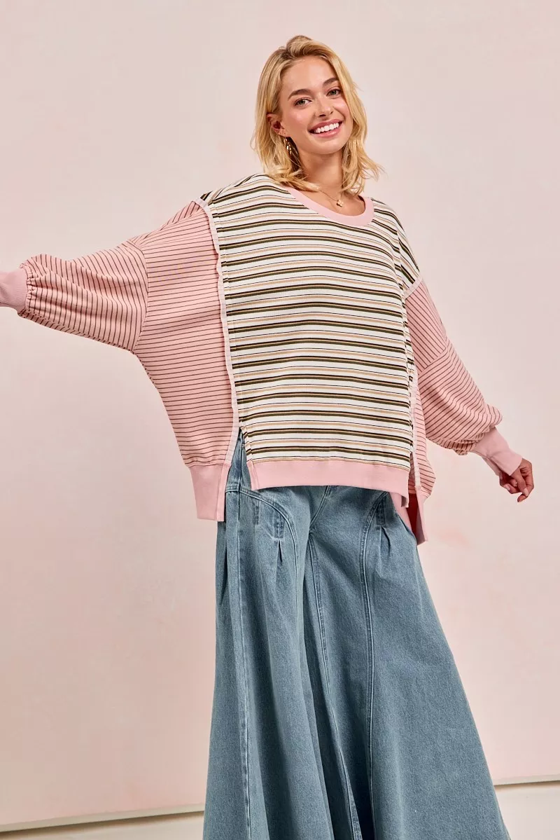 Stripe Mixed Top With Cut Edge And Reverse Outseam, image 10