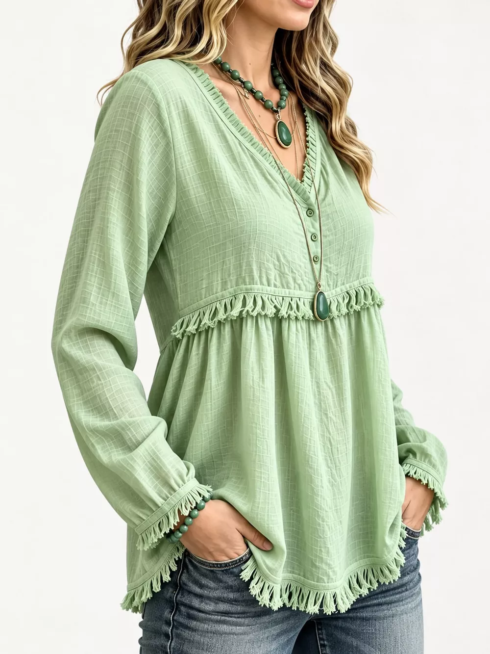 Full Size Fringed Trim V-Neck Long Sleeve Blouse Plus Size, image 75