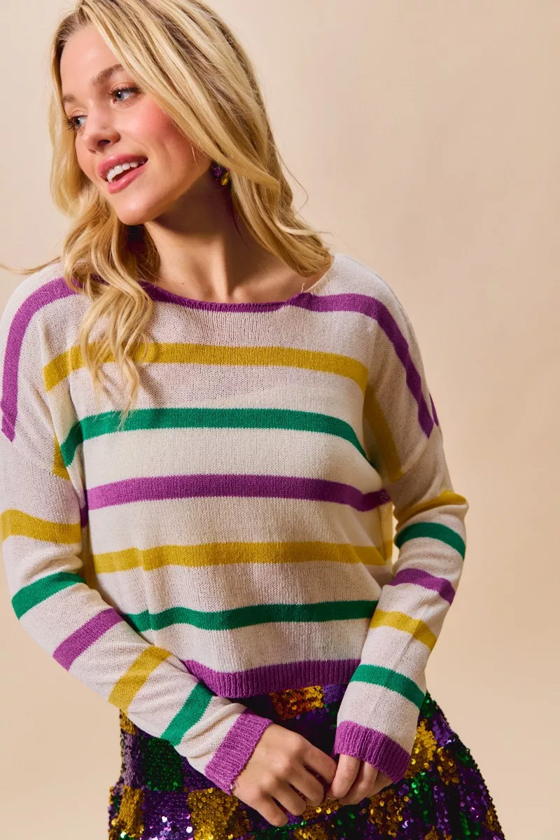 Mardi Gras Color Stripe Lightweight Sweater Top, image 23