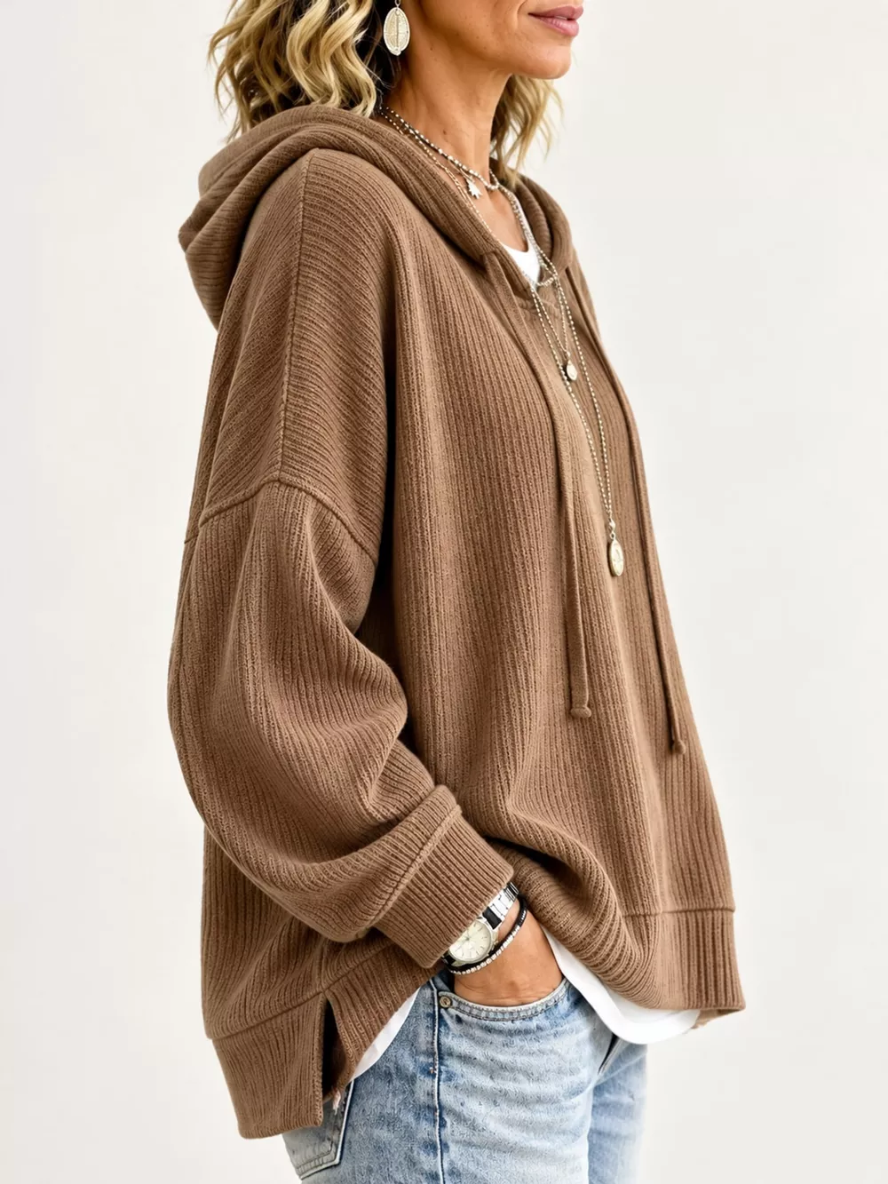 Drawstring Dropped Shoulder Hoodie, image 2