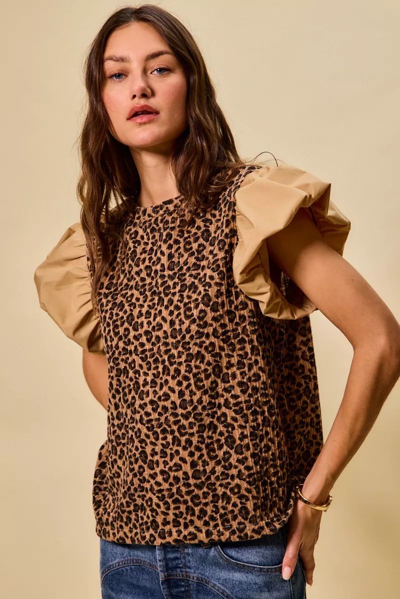 Leopard Pointelle Knit Top with Puff Sleeves, image 12