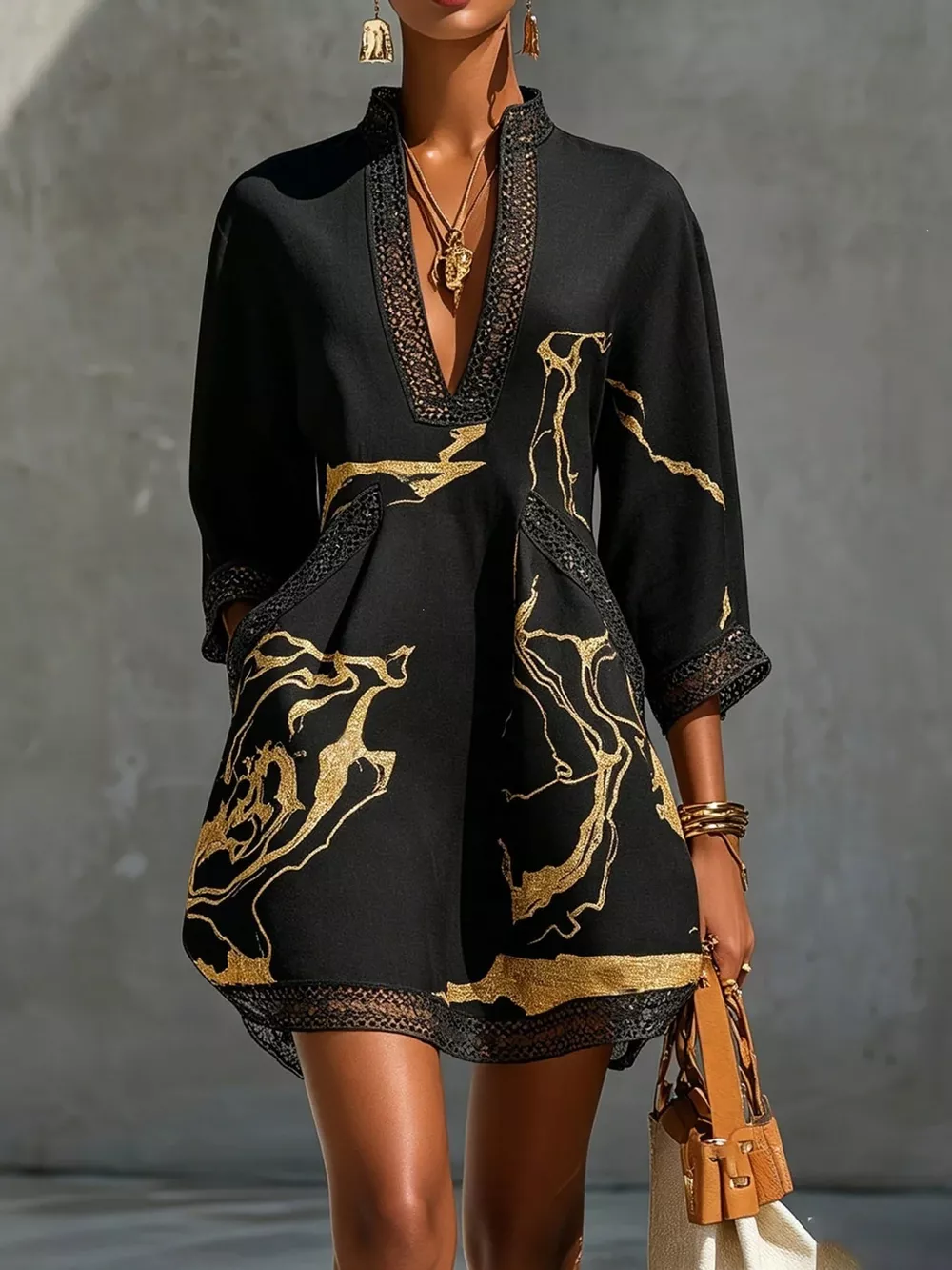 Notched 3/4 Sleeve Mini Dress, image 16