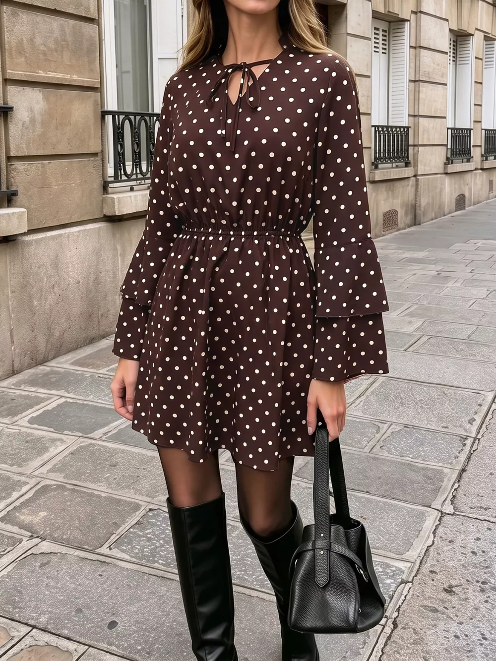 Polka Dot Flare Sleeve Tie Neck Dress, image 2