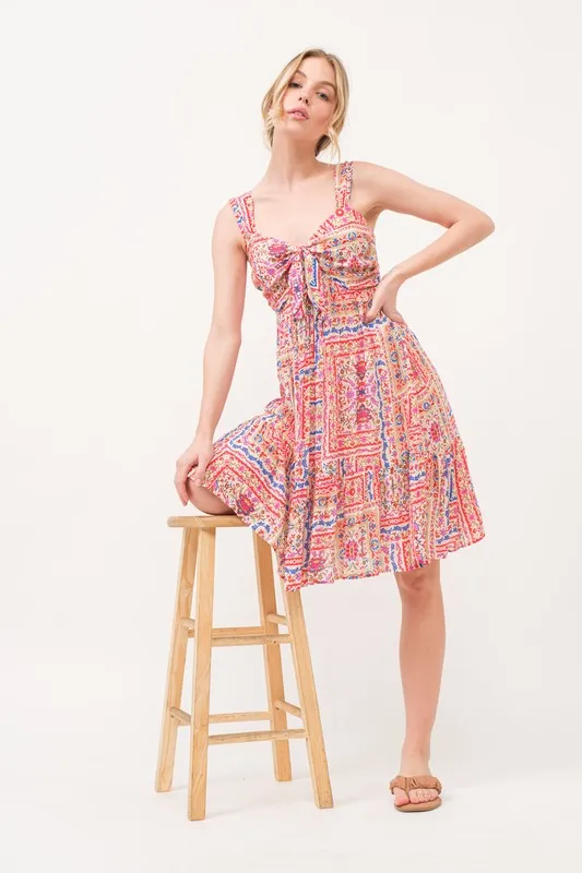 Tied Front Smocked Back Tiered Boho Printed Dress, image 9