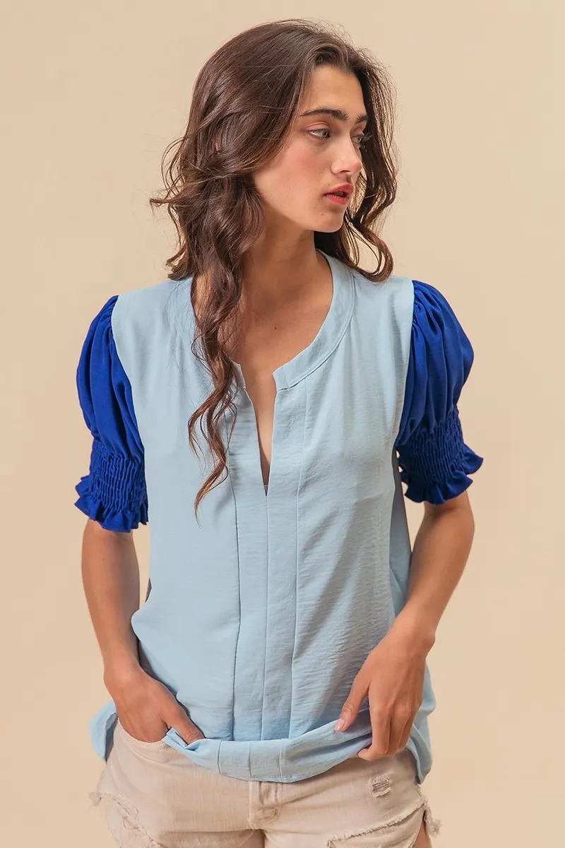 Air Flow Color Block Puff Sleeves V Neck Top, image 6