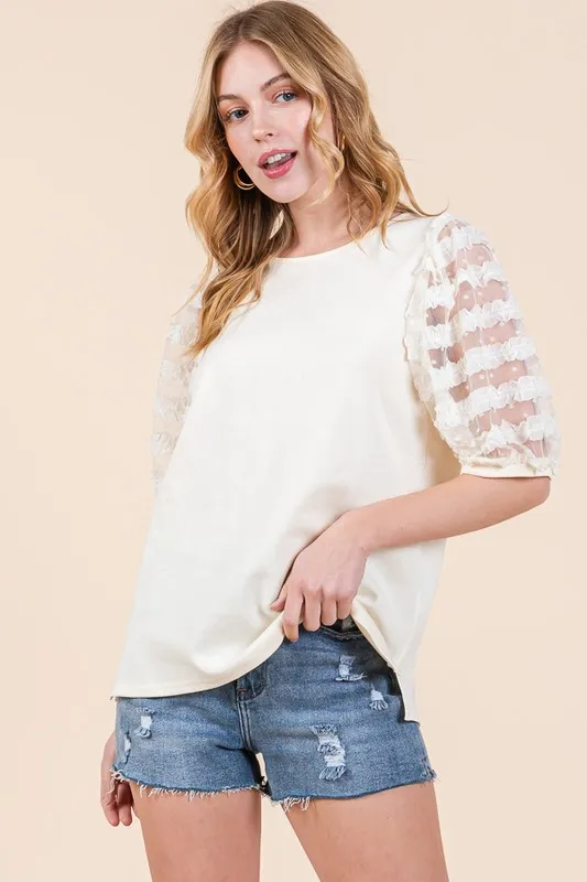 Full Size Lace Puff Sleeve Round Neck Top Plus Size