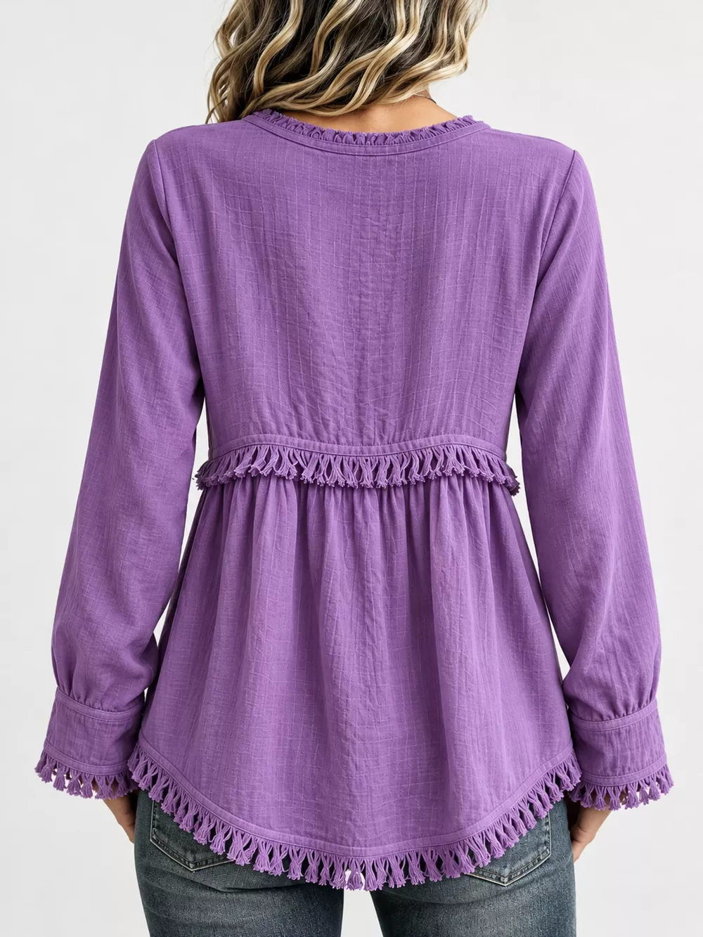Full Size Fringed Trim V-Neck Long Sleeve Blouse Plus Size, image 36