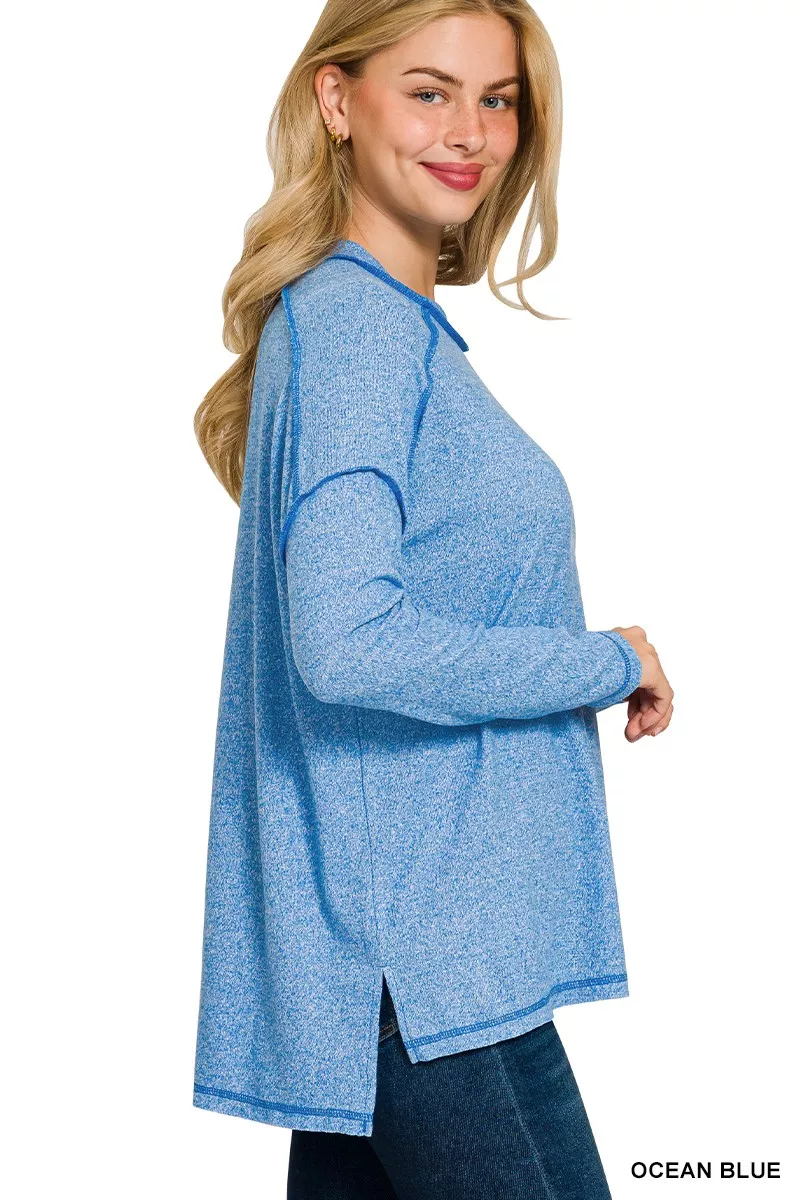 Full Size Melange Hacci Exposed Seam Hi-low Tee Plus Size, image 2