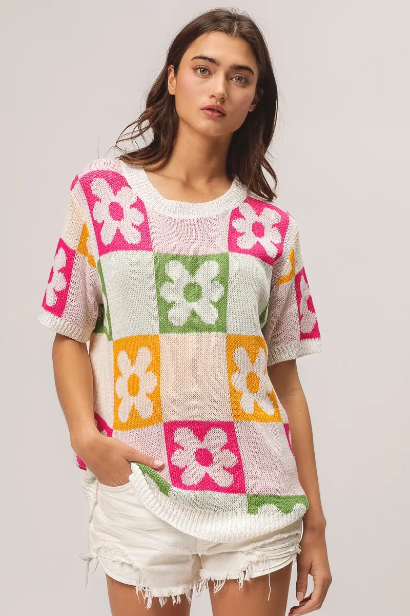 Flower Checker Pattern Lightweight Sweater Top, image 17