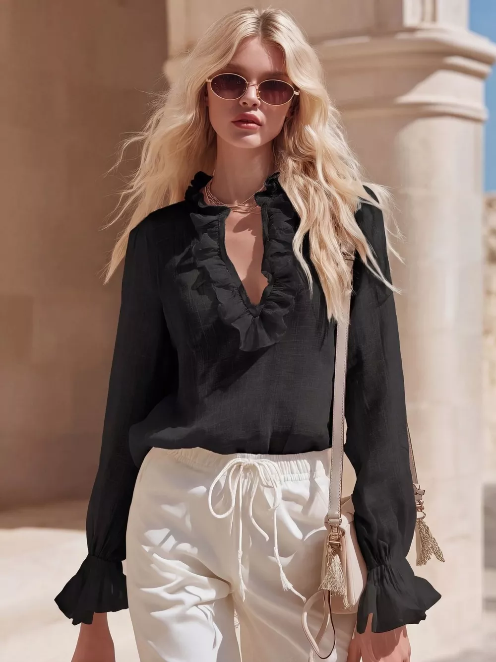 Ruffled V-Neck Long Sleeve Blouse, image 7