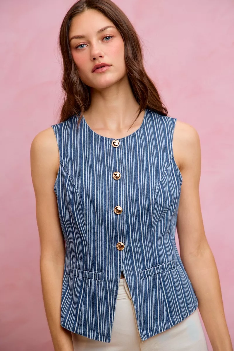 Stripe Slim Fit Button Front Denim Vest Top, image 27