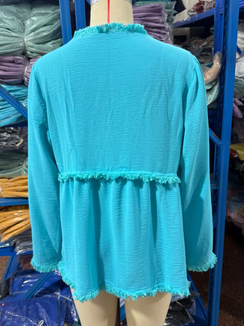 Full Size Fringed Trim V-Neck Long Sleeve Blouse Plus Size, image 4