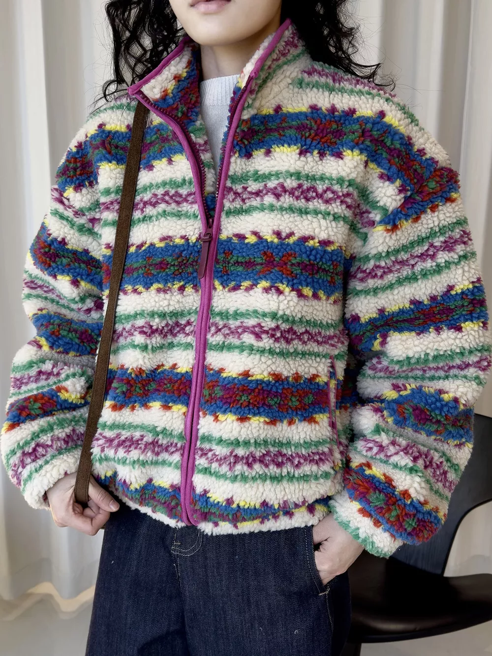 Colorful Patterned Sherpa Zip-Up Jacket, image 7