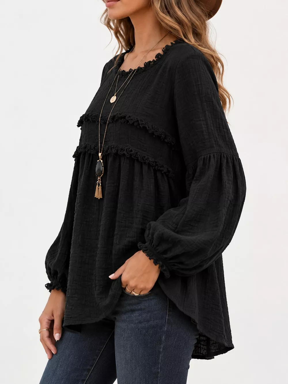 Full Size Boho Chic Textured Frayed Trim Peplum Blouse Plus Size, image 26