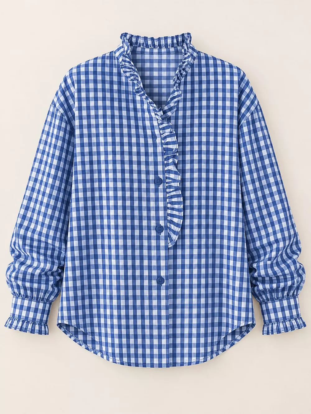 Gingham Ruffle Trim Stand Collar Shirt, image 25