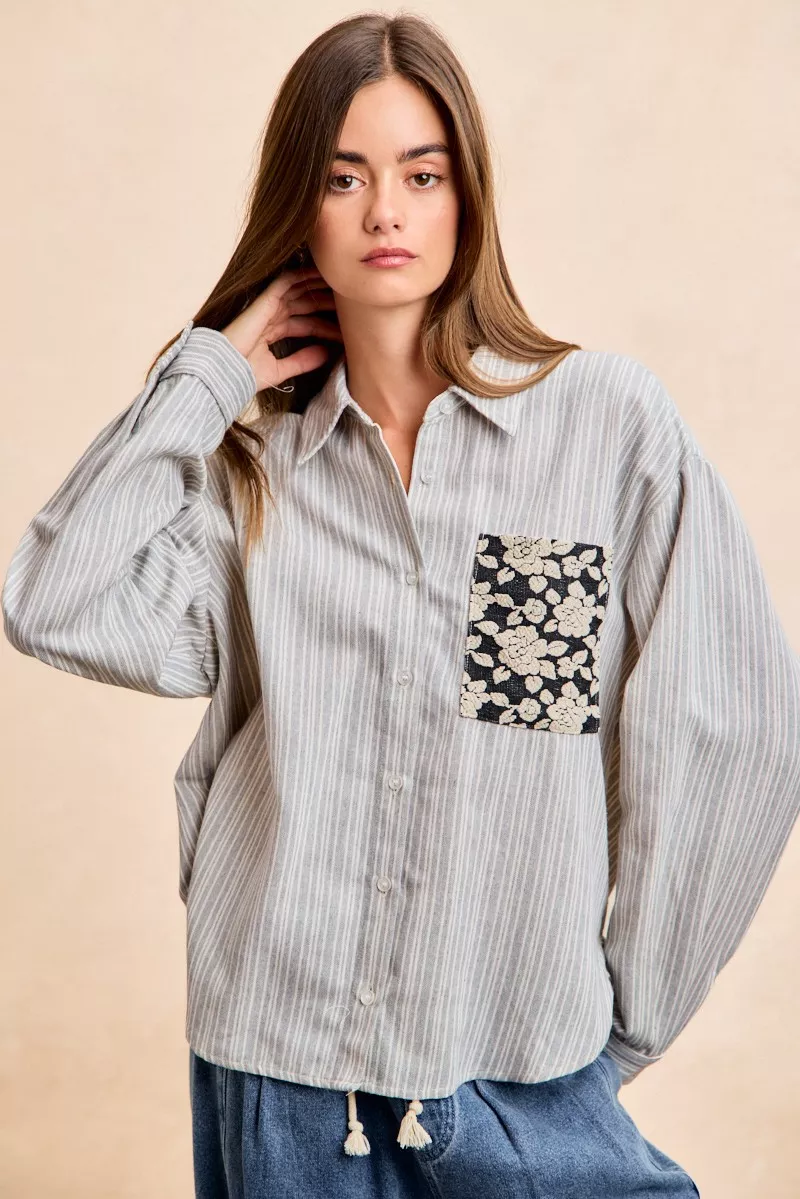 Flower Jacquard Knit Patch Pocket Stripe Shirt, image 18