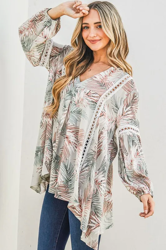 Printed with Lace Trim Casual Tunic Top, image 3