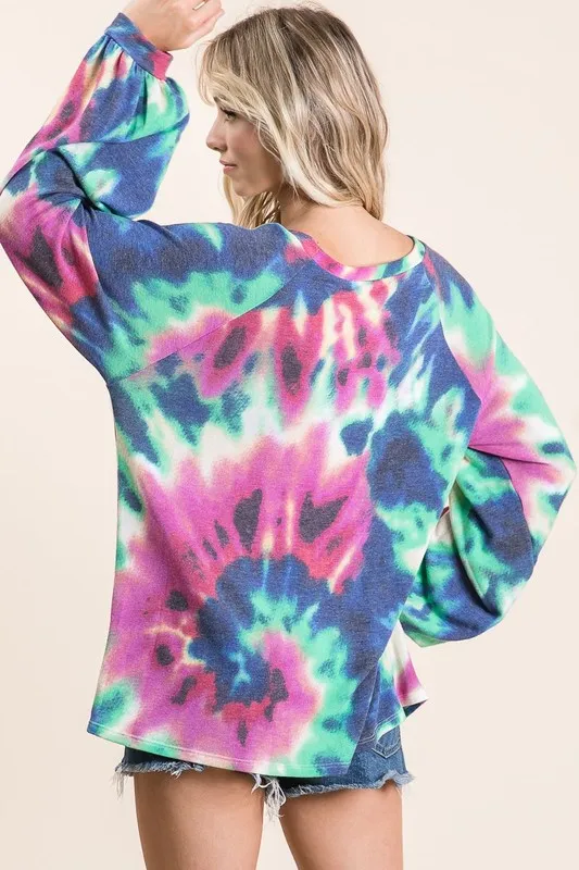Tie Dye Print Terry Top with Puff Sleeves, image 11