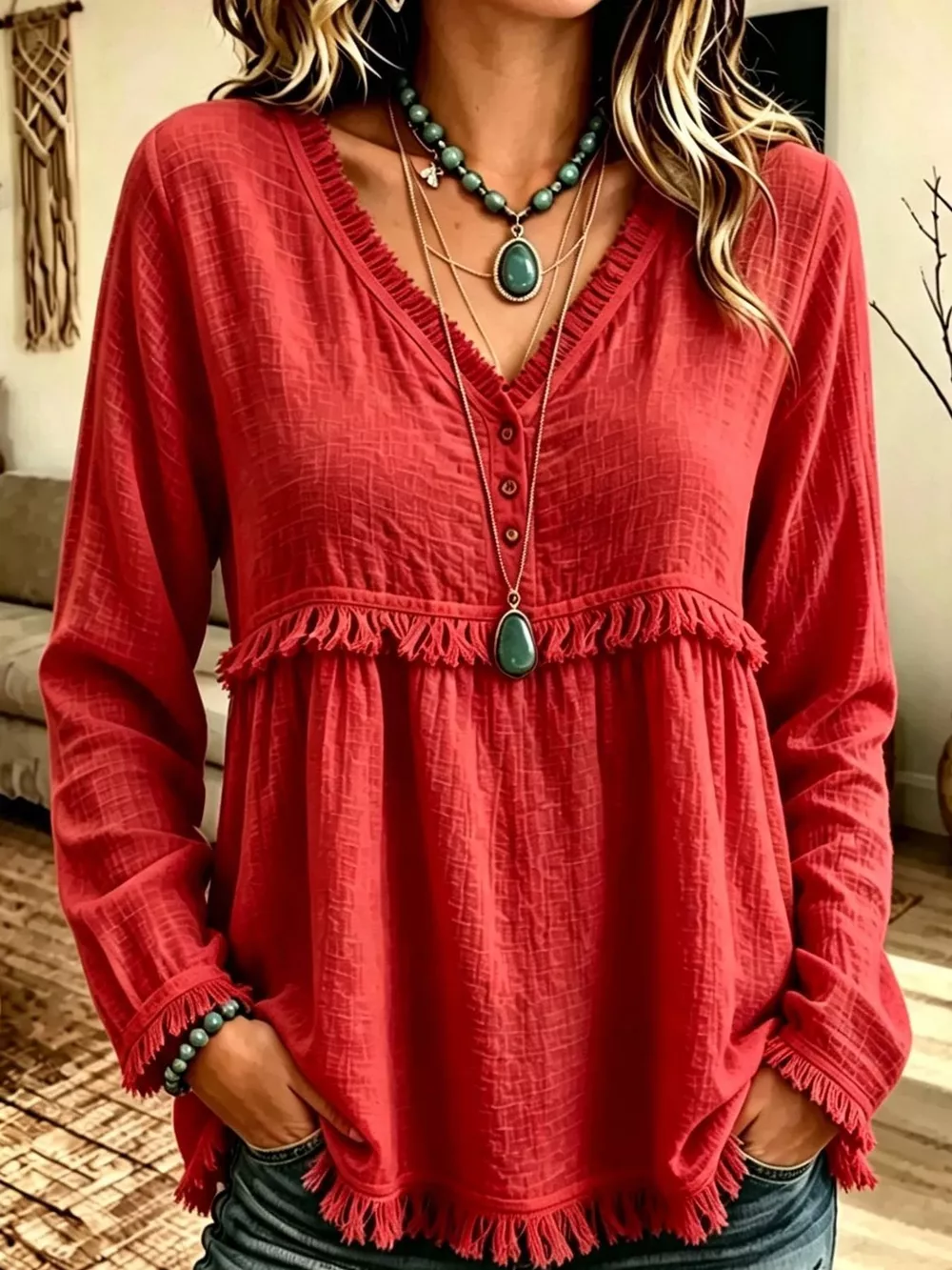 Full Size Fringed Trim V-Neck Long Sleeve Blouse Plus Size, image 64
