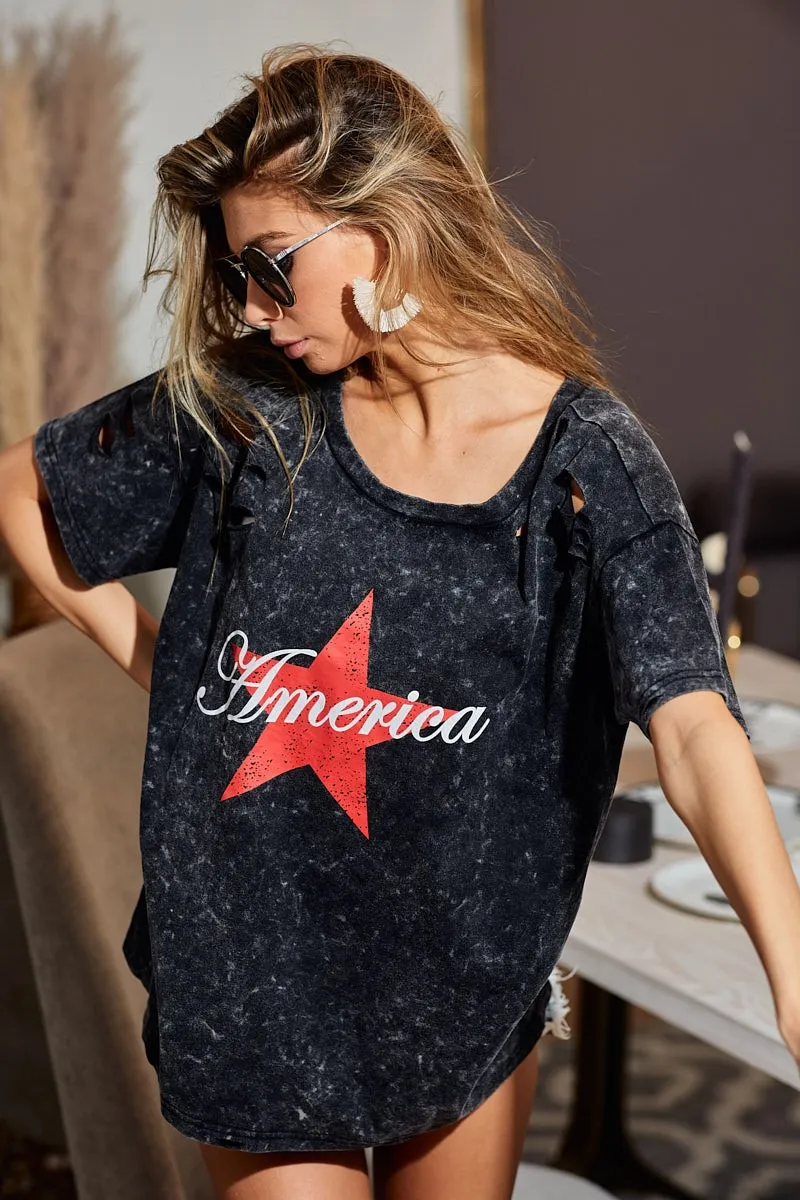 Laser Cut Mineral Washed Jersey Top with America, image 5