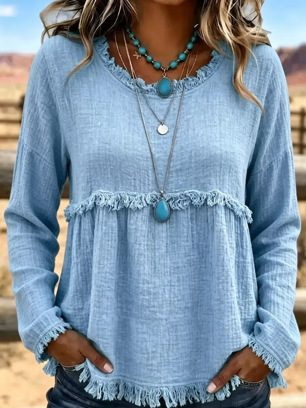 Full Size Frayed Hem Textured Blouse Plus Size, image 7