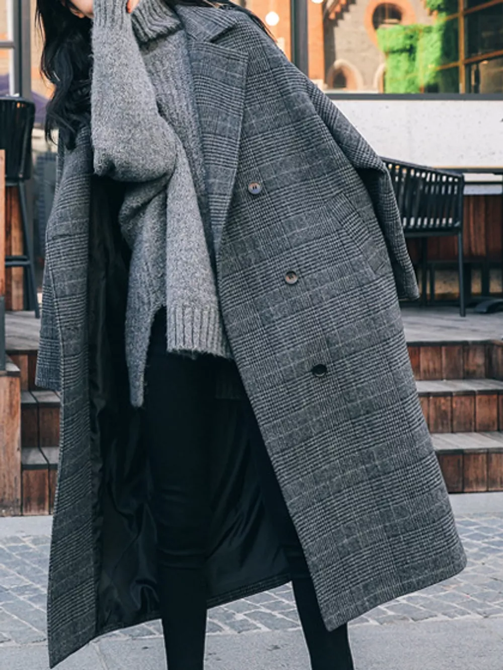 Plaid Double-Breasted Longline Overcoat