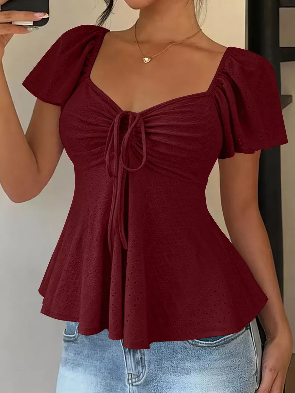 Ruched Flutter Sleeve Peplum Top, image 4