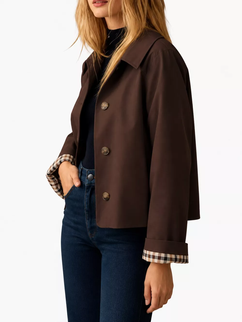 Plaid Cuffs Cropped Trench Outerwear, image 12
