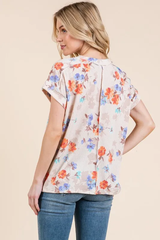 Floral Round Neck RIbbed T-Shirt, image 6