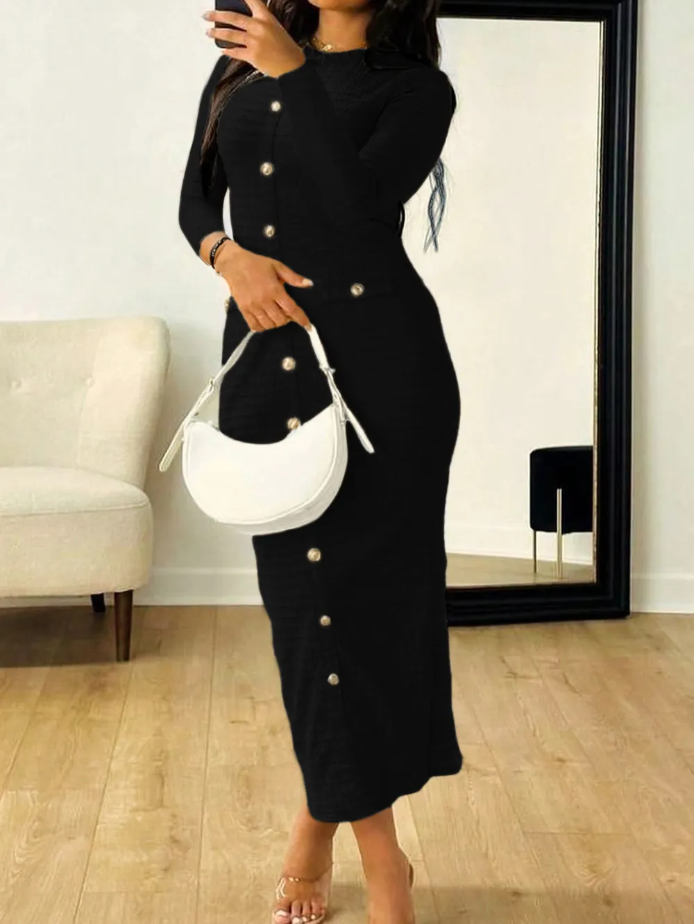 Textured Long Sleeve Midi Dress, image 6