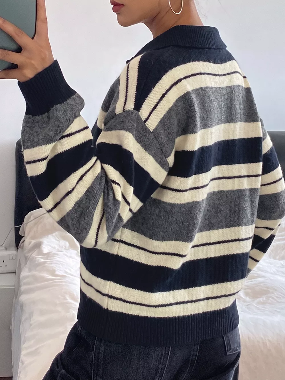 Striped Long Sleeve Button Detail Sweater, image 5