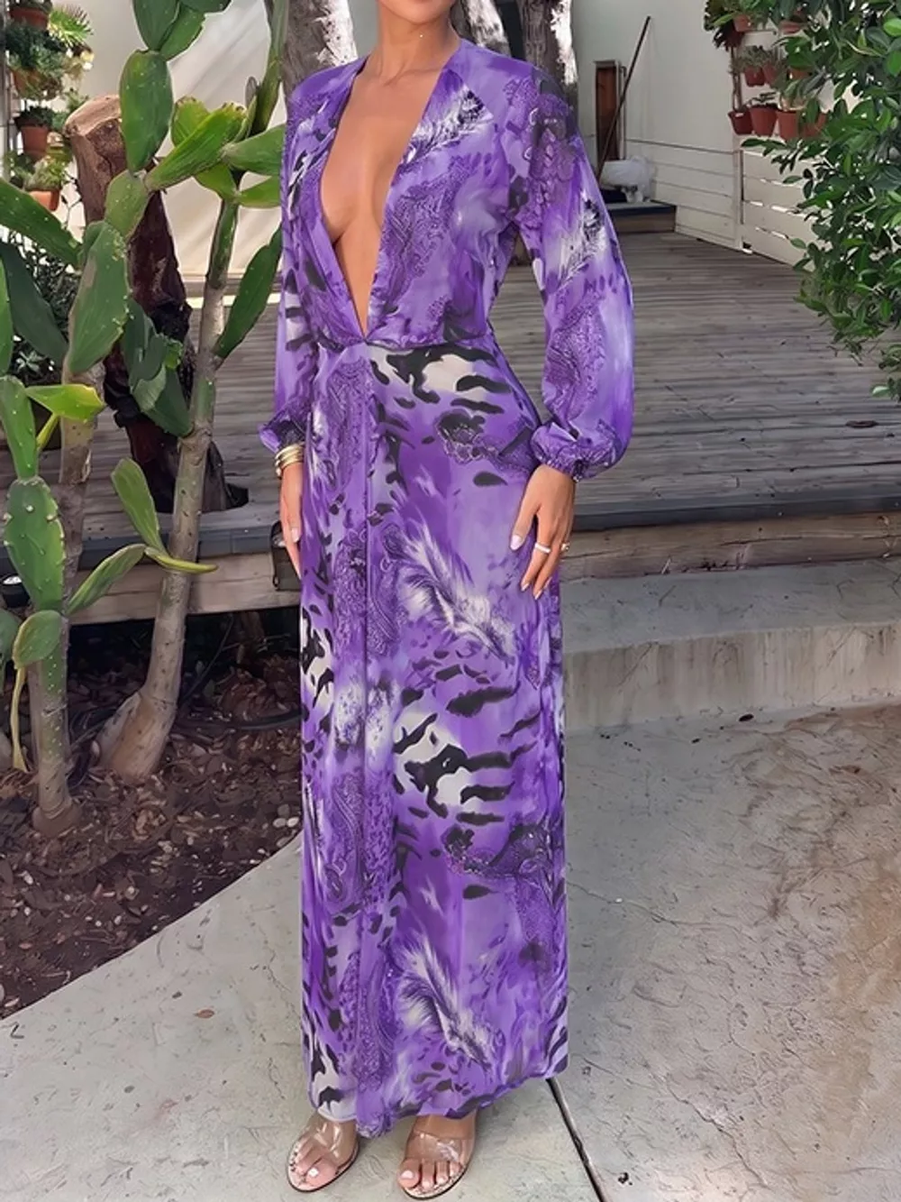 Deep V-Neck Long Sleeve Printed Maxi Dress, image 36