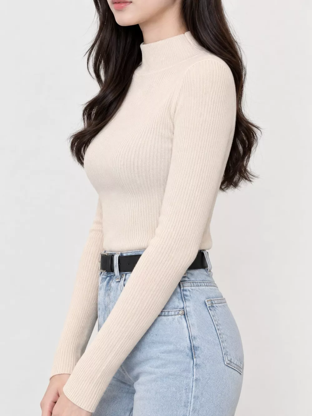 Elegant Slim-Fit Ribbed Mock Neck Knit Top, image 49