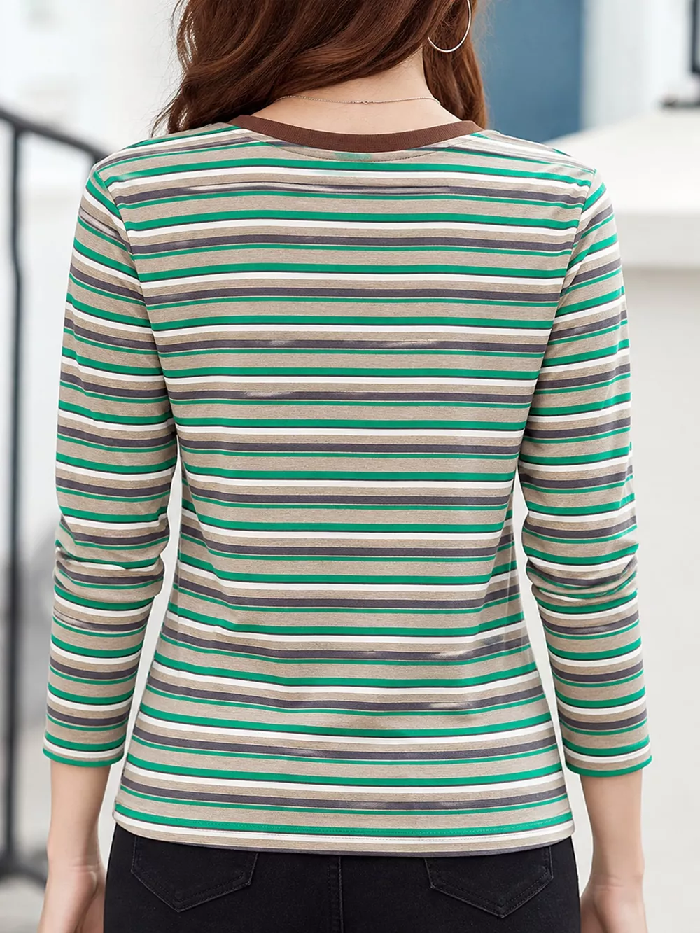 Full Size Long Sleeve Striped Crew Neck Casual T-Shirt Plus Size, image 10