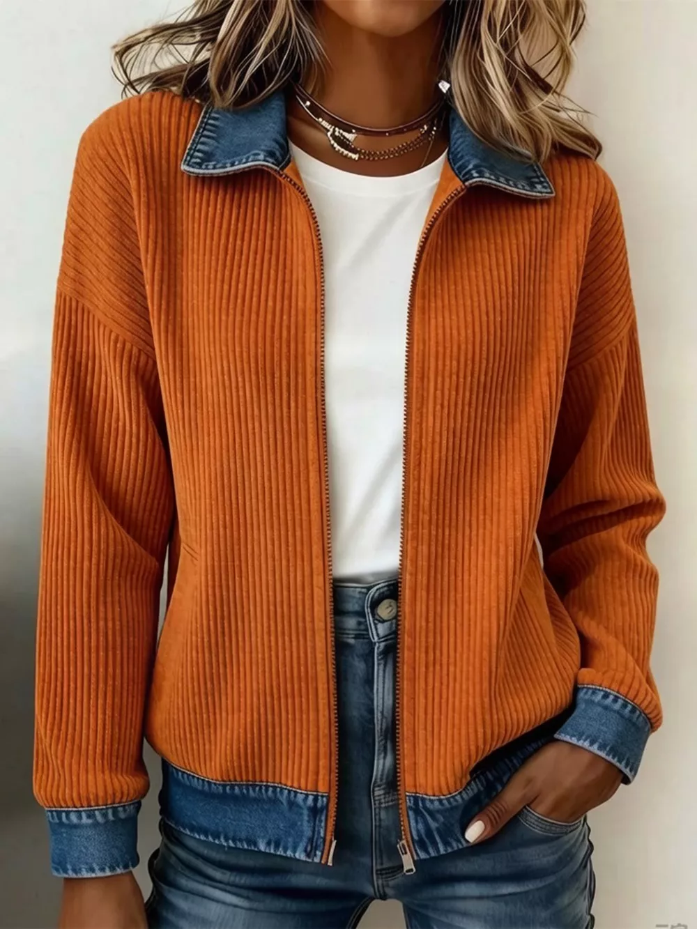Contrast Denim Collar Ribbed Knit Jacket, image 7