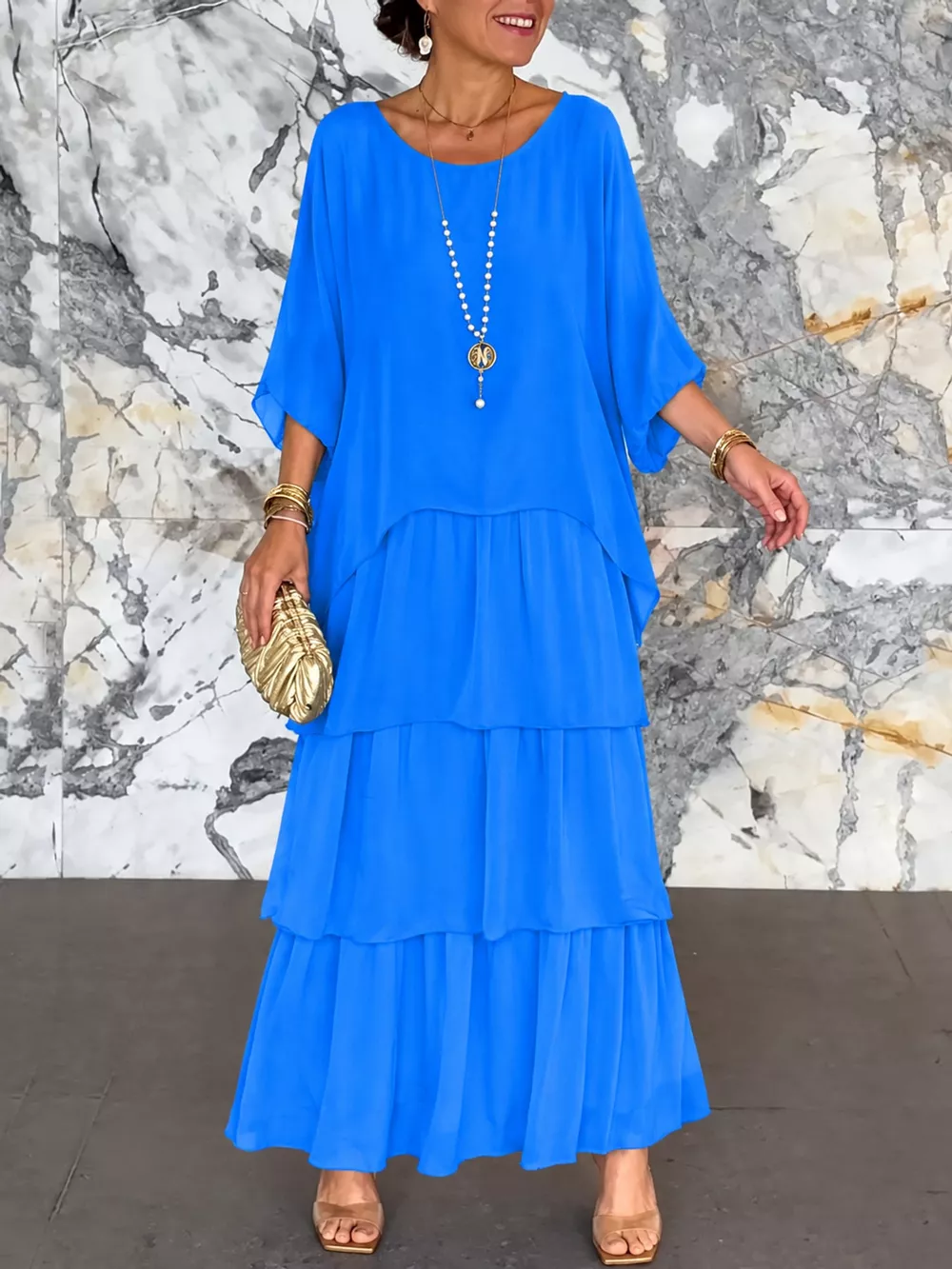 Full Size Layered Batwing Sleeve Maxi Dress Plus Size, image 20