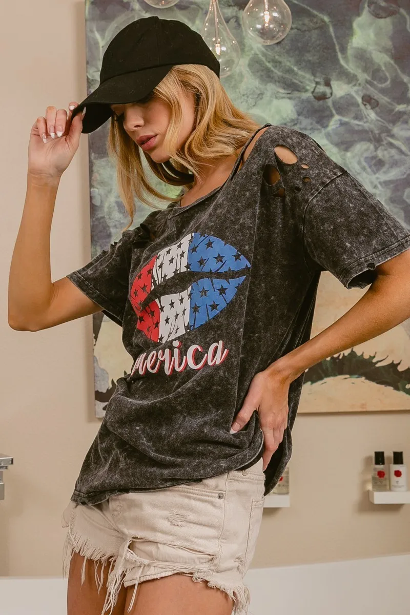 Laser Cut Mineral Washed Old Glory Lip Print Top, image 9