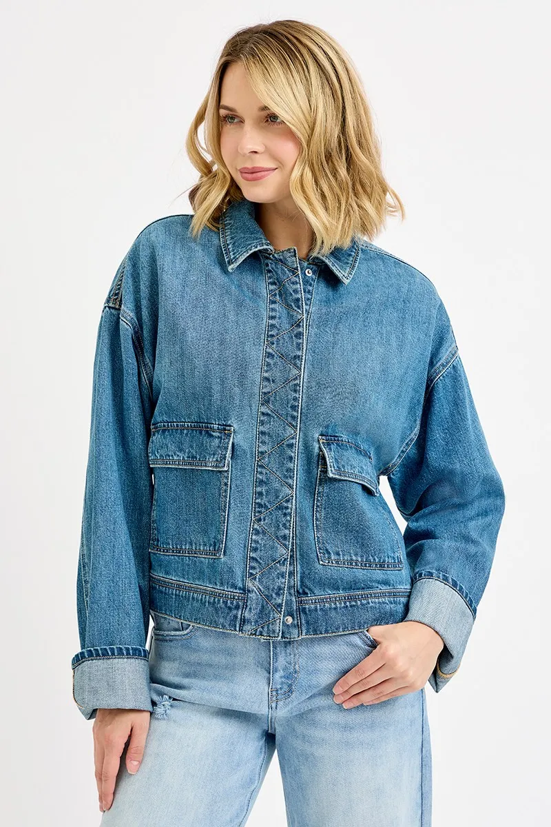 Oversized Cargo Pocket Denim Jacket with Cuffed Sleeves, image 6
