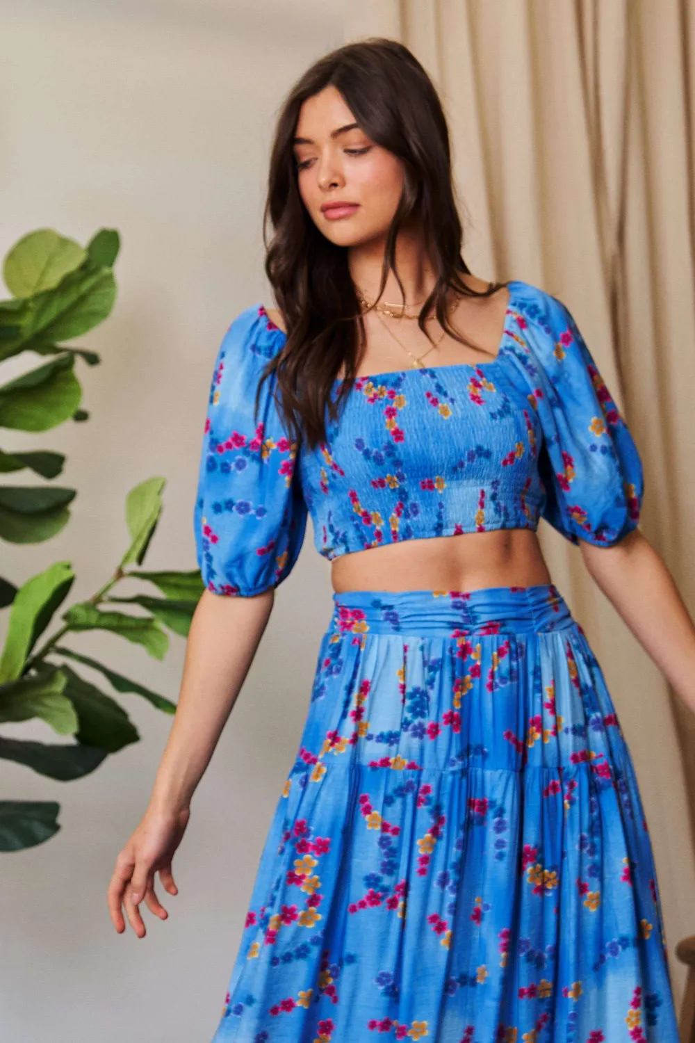 Smocing Bodice Puff Short Sleeve Printed Crop Top, image 10