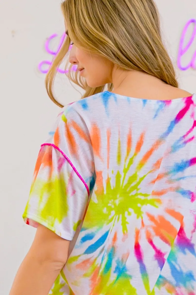 Tie Dye Print Jersey Stitched V Neck Top, image 7