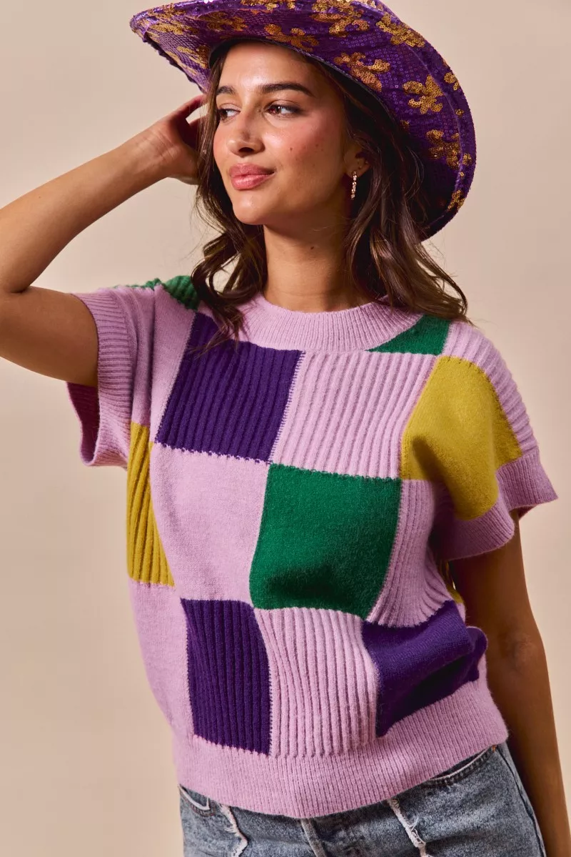Mardi Gras Check Plaid Casual Sweater Top, image 6