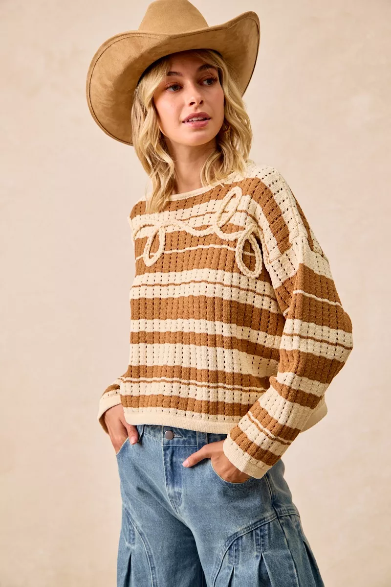 Striped Open Knit Sweater Top with Front Braided Detail, image 13