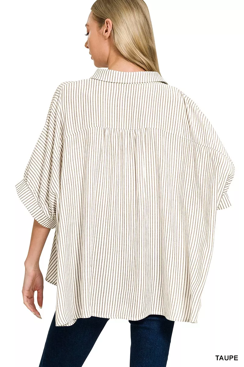 Full Size Woven Stripe Button Down Boxy Shirt Plus Size, image 8