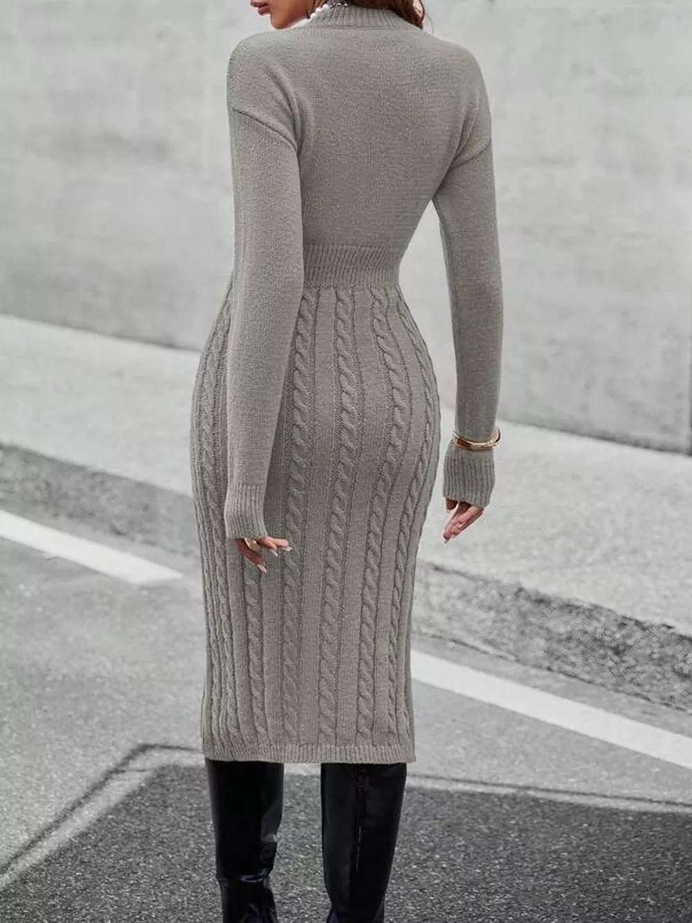 Full Size Mock Neck Cable Knit Sweater Dress with Front Slit Plus Size, image 36