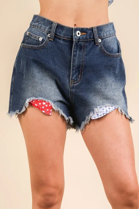 Raw Hem Pocketed Contrast Washed Denim Shorts