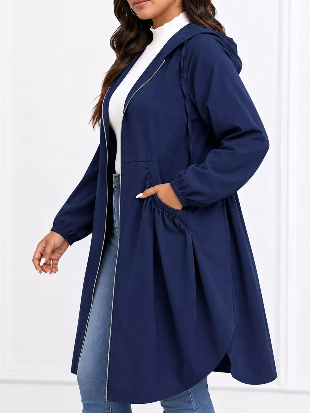 Plus Size Hooded Zip-Up Longline Windbreaker Outerwear, image 10