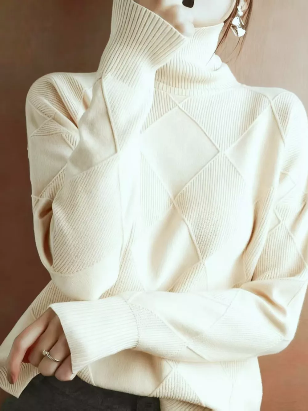 Full Size Diamond Pattern Turtleneck Sweater Plus Size, image 73